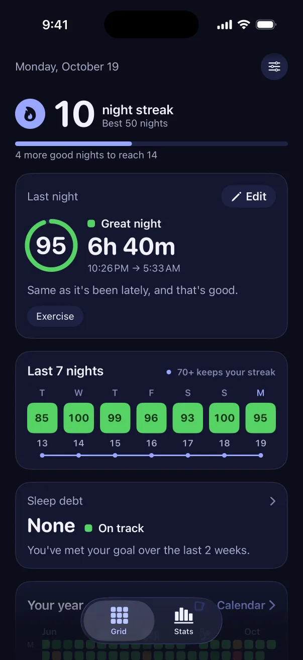 Sleep Tiles home screen showing a 10 night streak, last night's sleep score of 95 and the last 7 nights as green tiles